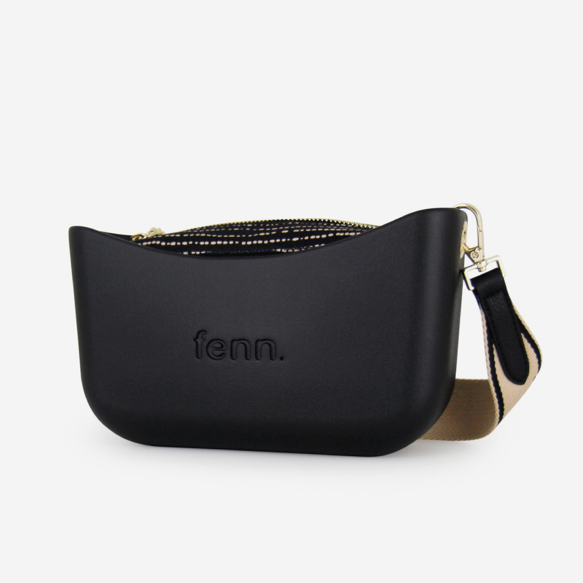 Classic Handbag - Black - Dotted Lines Inner - Black On Beige Strap