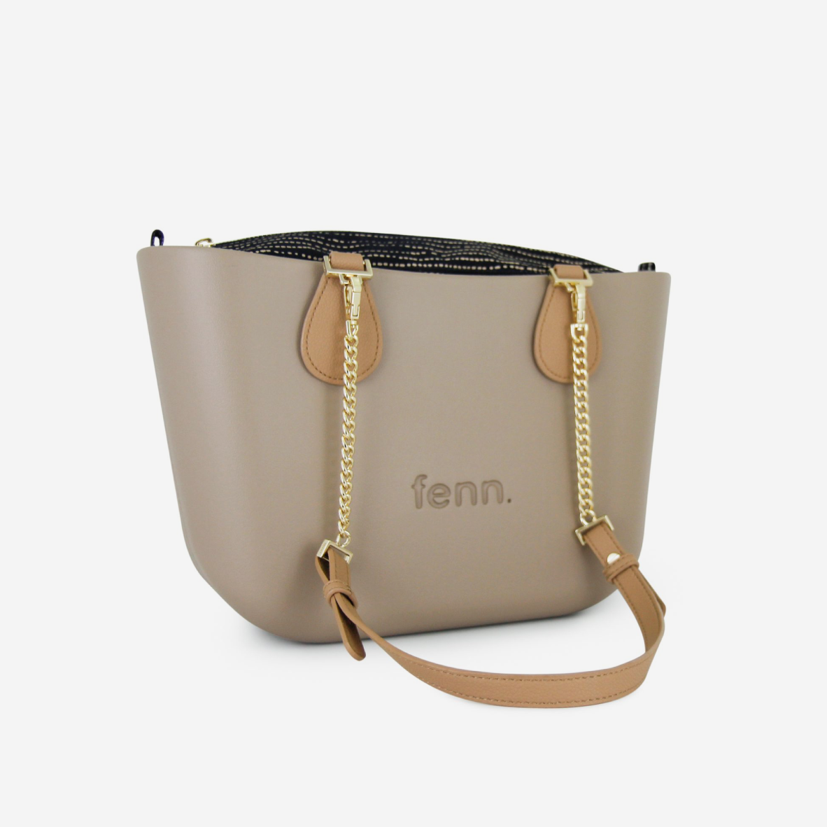 Petite Handbag - Stone - Dotted Lines Inner - Light Tan Handle - Gold Chain