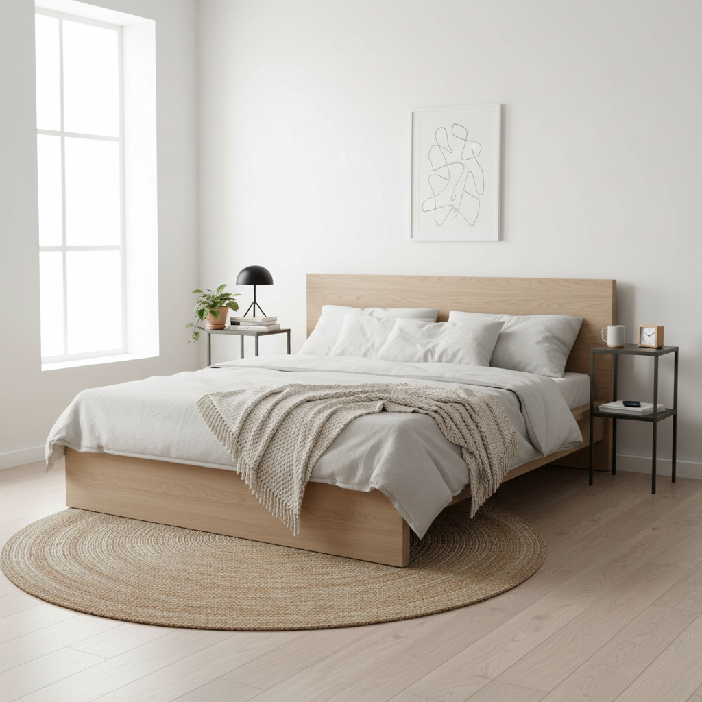 Modern bedroom with wooden bed, white bedding, and minimal decor.