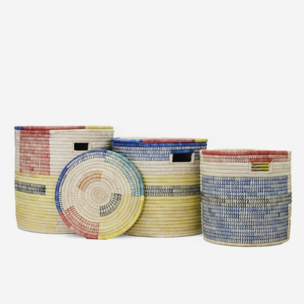 Set of five hand-woven basket storage bins in various sizes, featuring colorful painted stripes in red, blue, yellow, and green on a natural beige base, with two bins shown closed and three open.