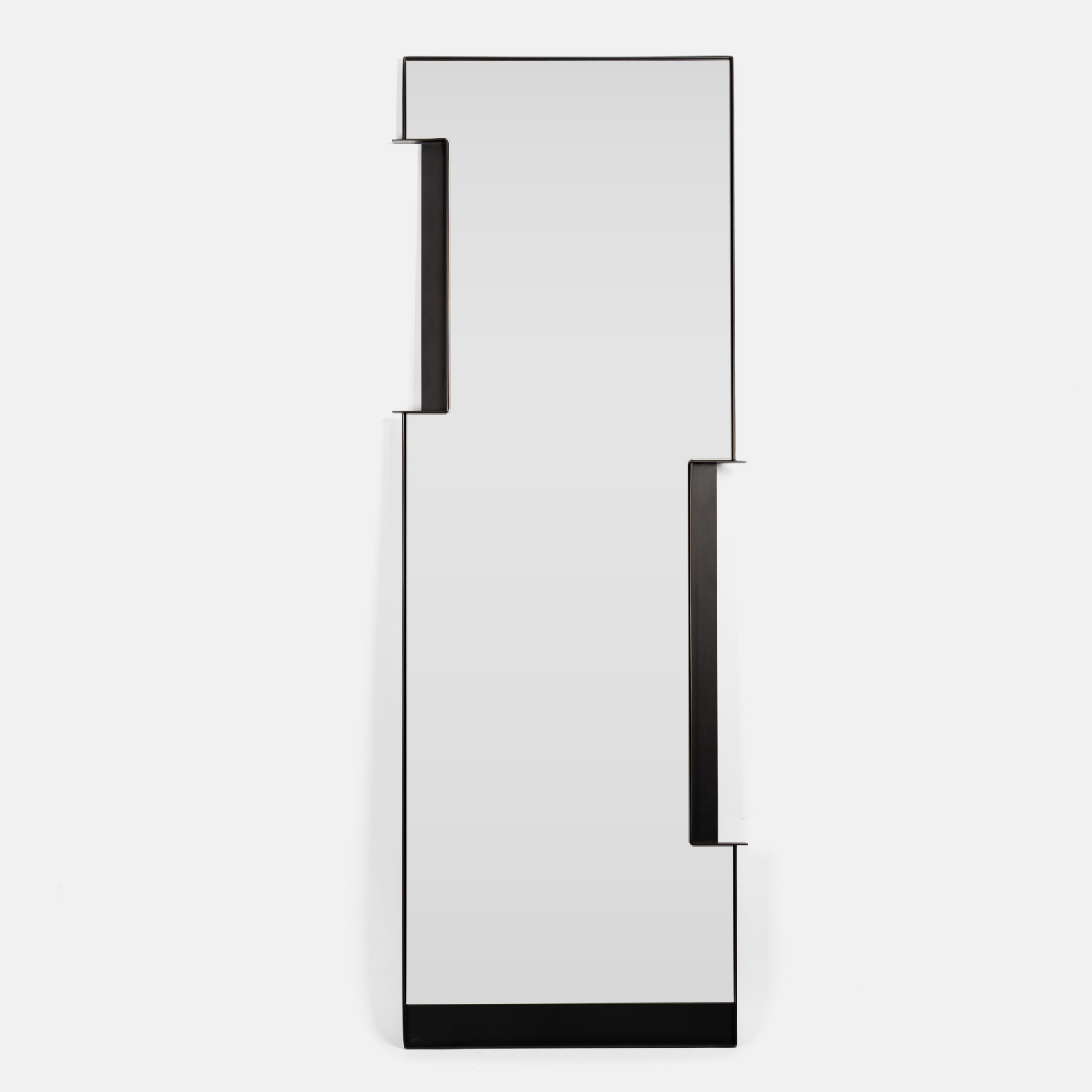 A Modern, abstract, Full Length Mirror with black steel and glass