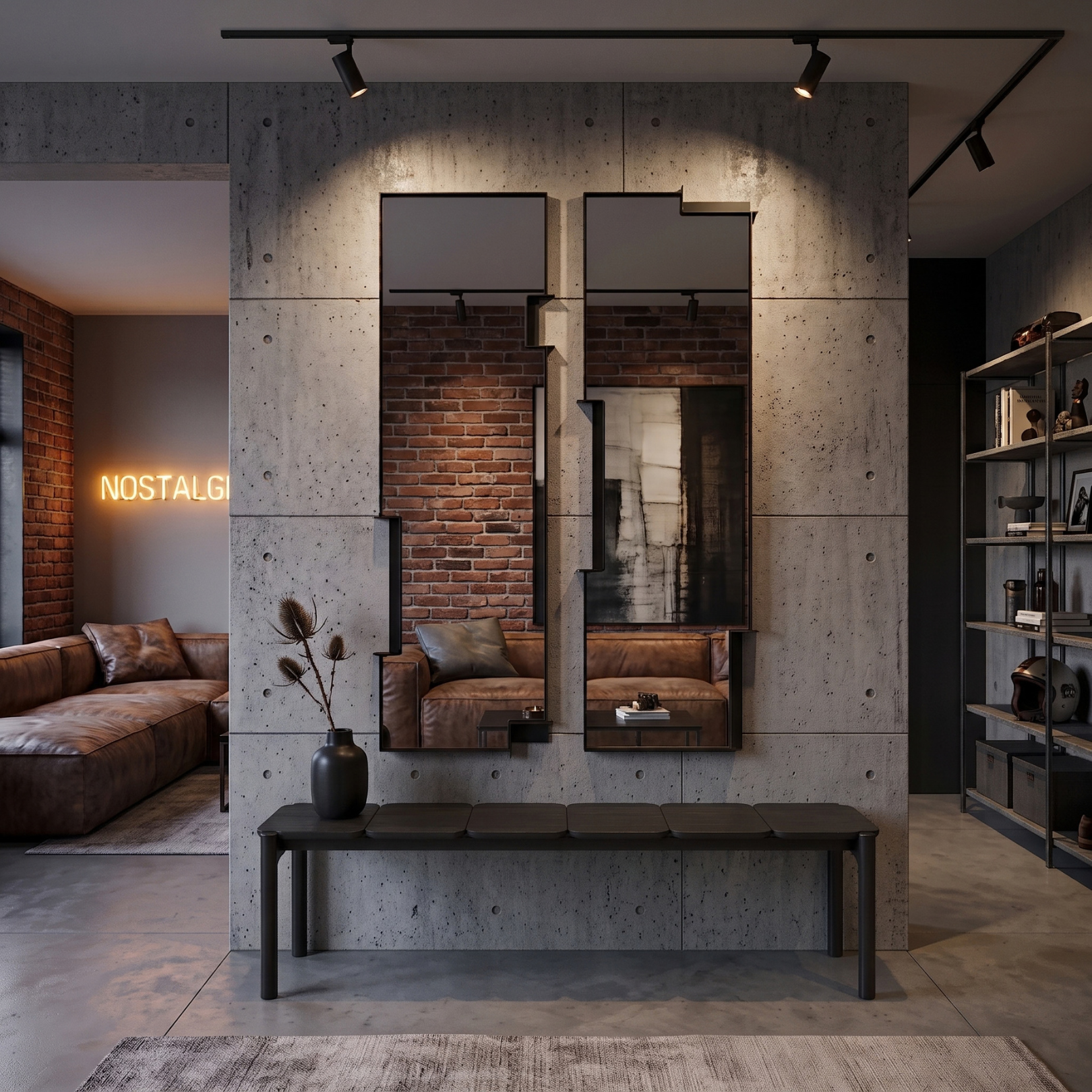 A modern industrial-style interior space with a central concrete partition wall, two large black-framed mirrors, a dark bench, exposed brick sections, shelving, and a leather sofa in an adjacent room. No person or animal is present.