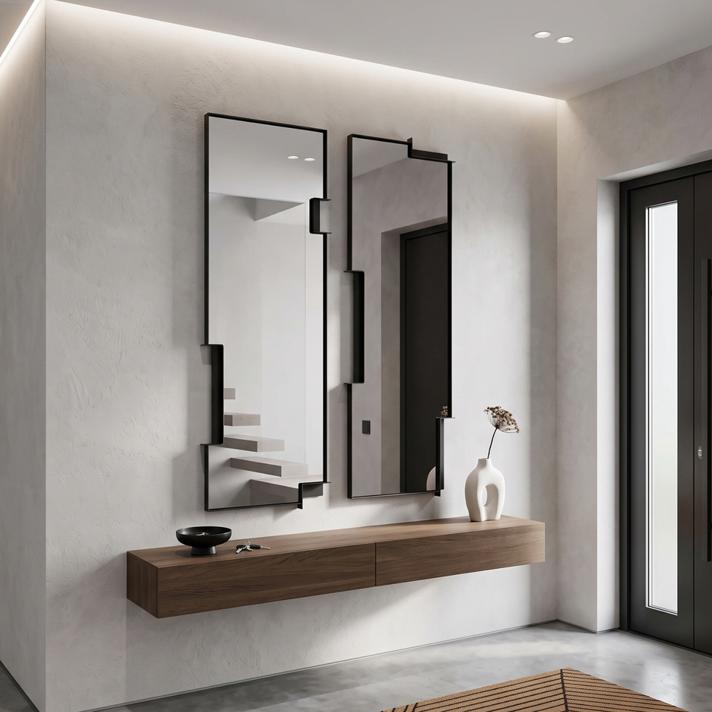 Modern wall-mounted rectangular mirrors with black frames and geometric accents, displayed above a floating wooden console in a minimalist interior setting.