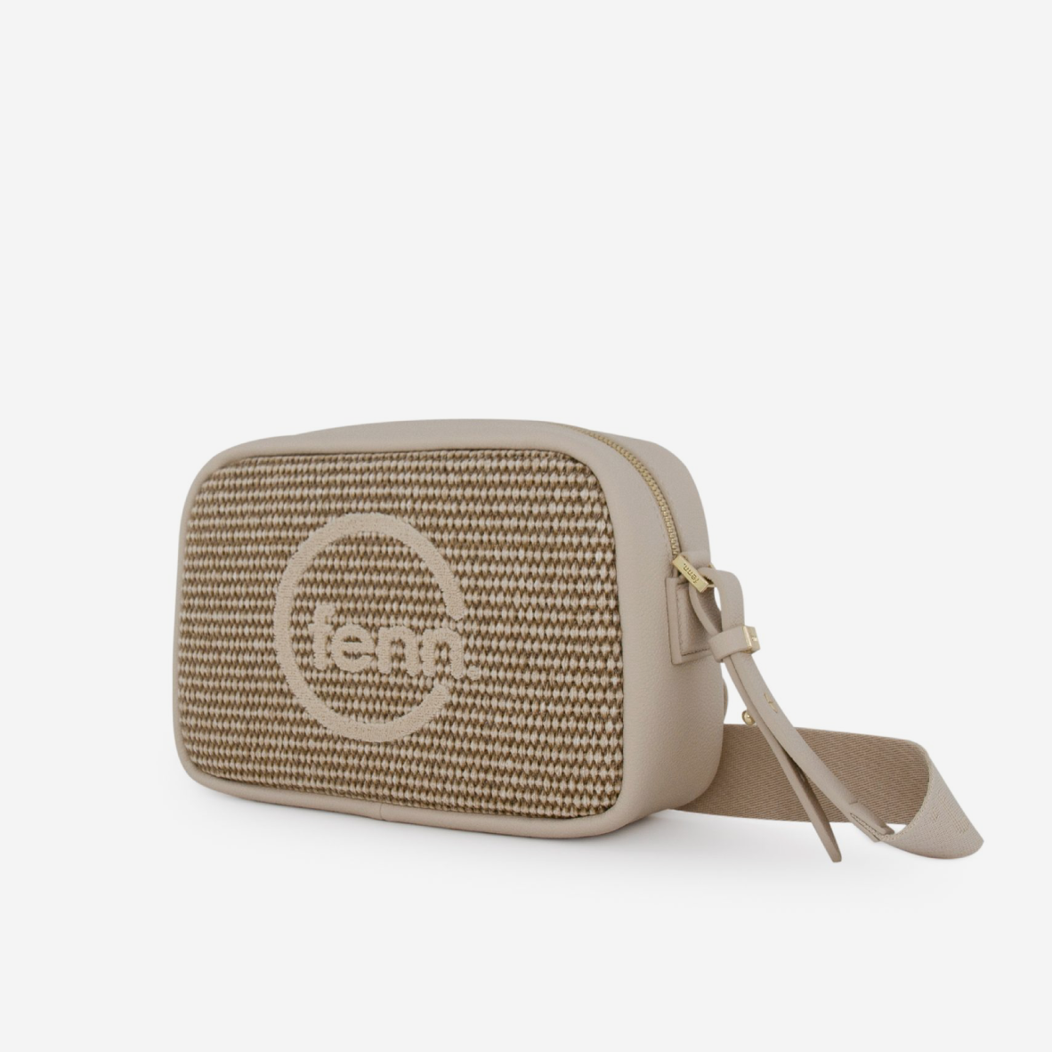 Weave Crossbody Bag - Warm Brown & Off White - Gold Zip