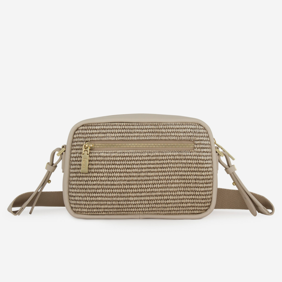 Weave Crossbody Bag - Warm Brown & Off White - Gold Zip