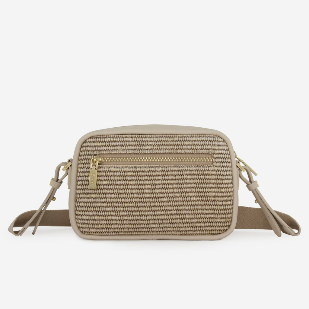 Weave Crossbody Bag - Warm Brown & Off White - Gold Zip