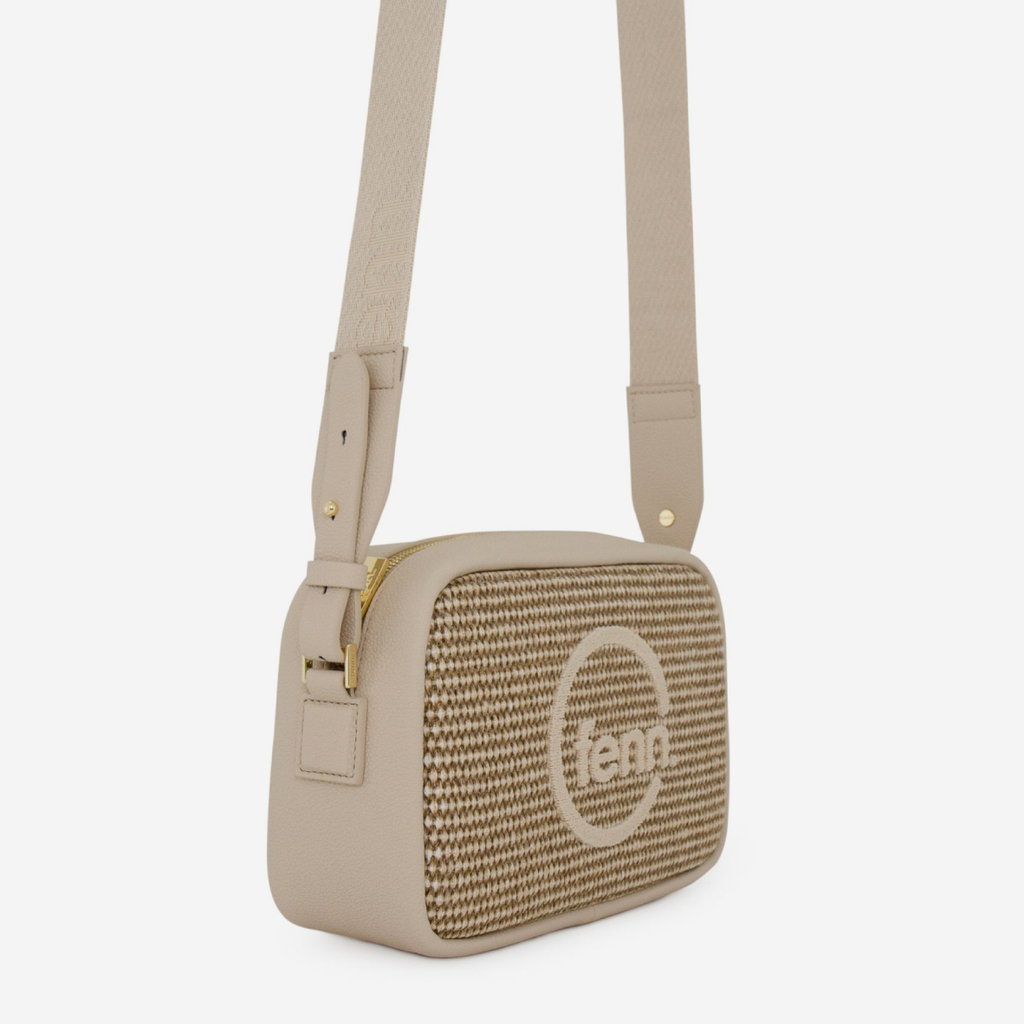 Weave Crossbody Bag - Warm Brown & Off White - Gold Zip