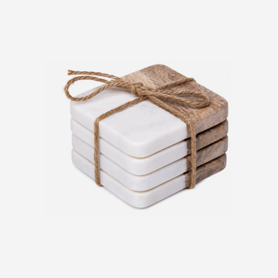 Wood & Marble Square Coaster Set - White
