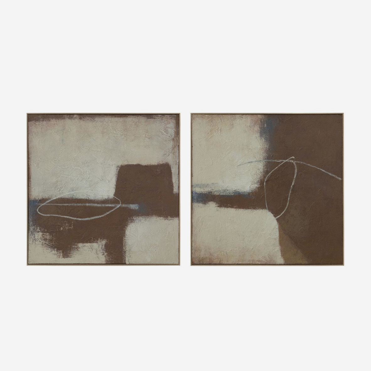 A pair of framed abstract wall art panels in earthy brown, beige, and off-white tones, shown side by side against a light gray background.