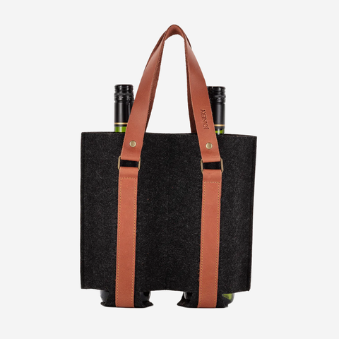 Double Wine Carrier - Charcoal + Tan Leather