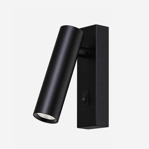 Black wall-mounted light fixture on a white background