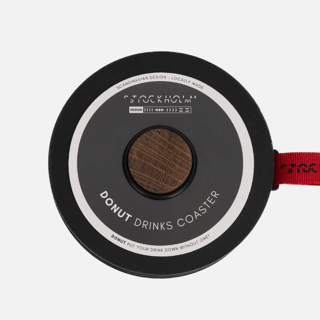 Donut drinks coaster with 'Stockholm' branding on a white background