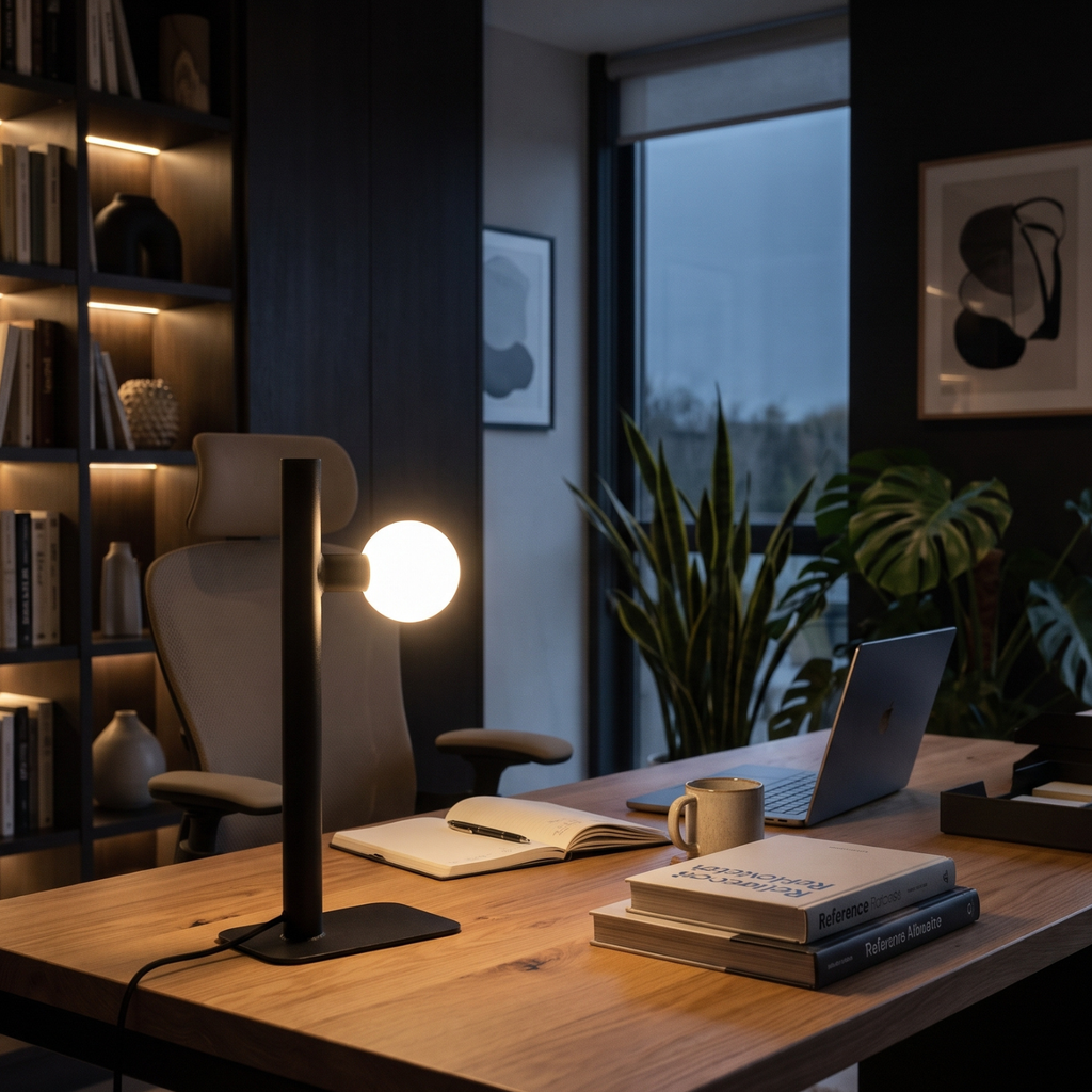 A modern table lamp in a moody study setting
