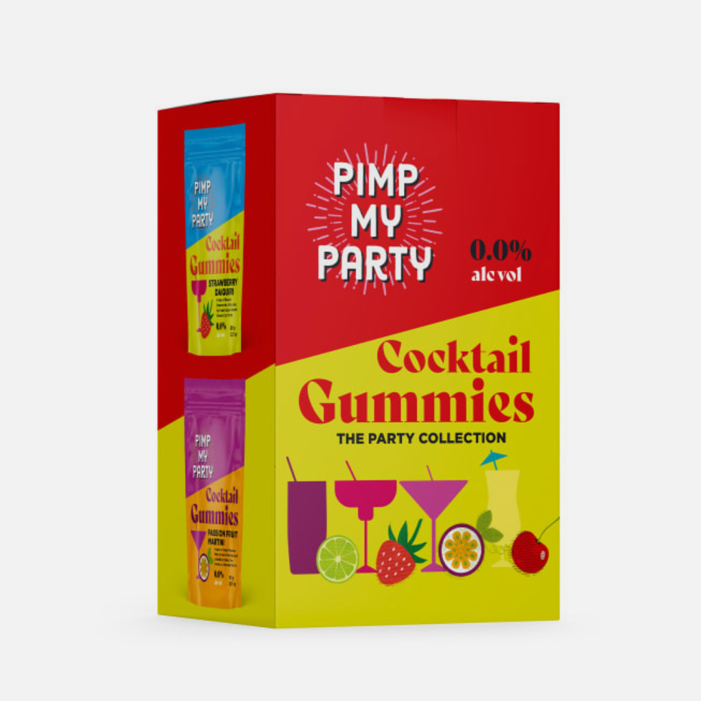 Box of 'Pimp My Party' Cocktail Gummies with colorful design on a white background