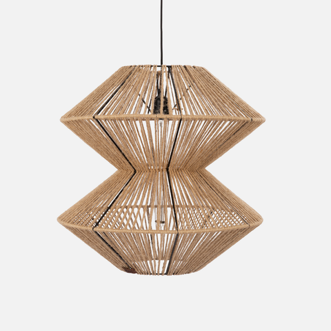 Woven rattan pendant light on a white background