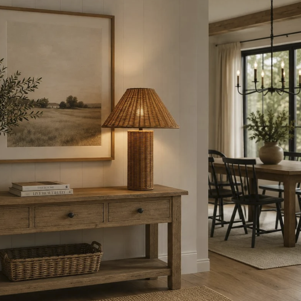 A warm, rustic table lamp with a woven wicker shade and base sits on a wooden console table in a beautifully styled dining room.